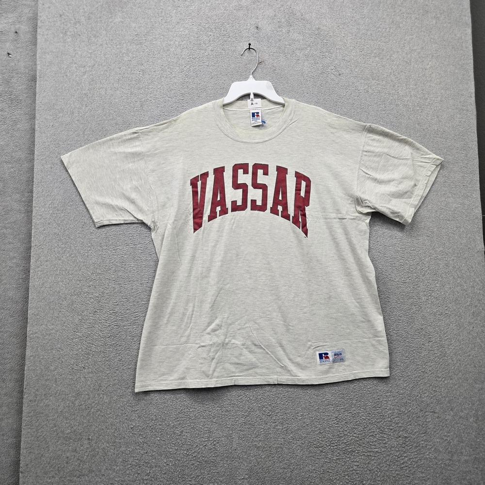 VINTAGE Vassar College Men Shirt XXL Gray Russell 90s USA Spellout Logo READ